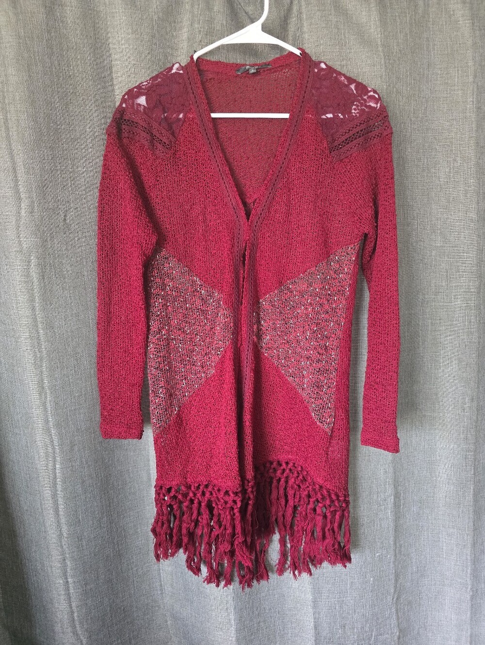 Miss Me Cardigan Sweater Open Weave Lace Crochet Fringe Burgandy Size S